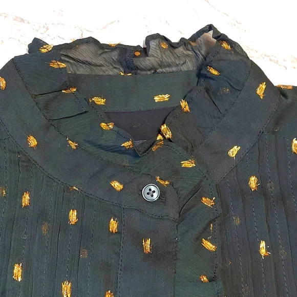 NWT Ann Taylor Black Ruffled Top with Gold Clip Dots, Size S - Picture 4 of 9